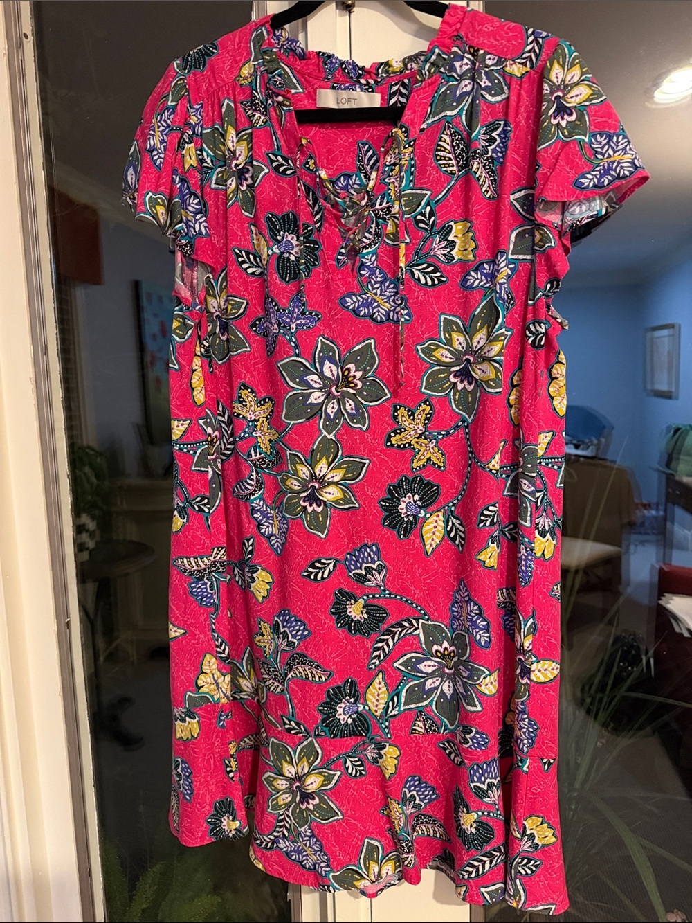 LOFT Floral Midi Dress in Bright Pink with Multicolor Blooms